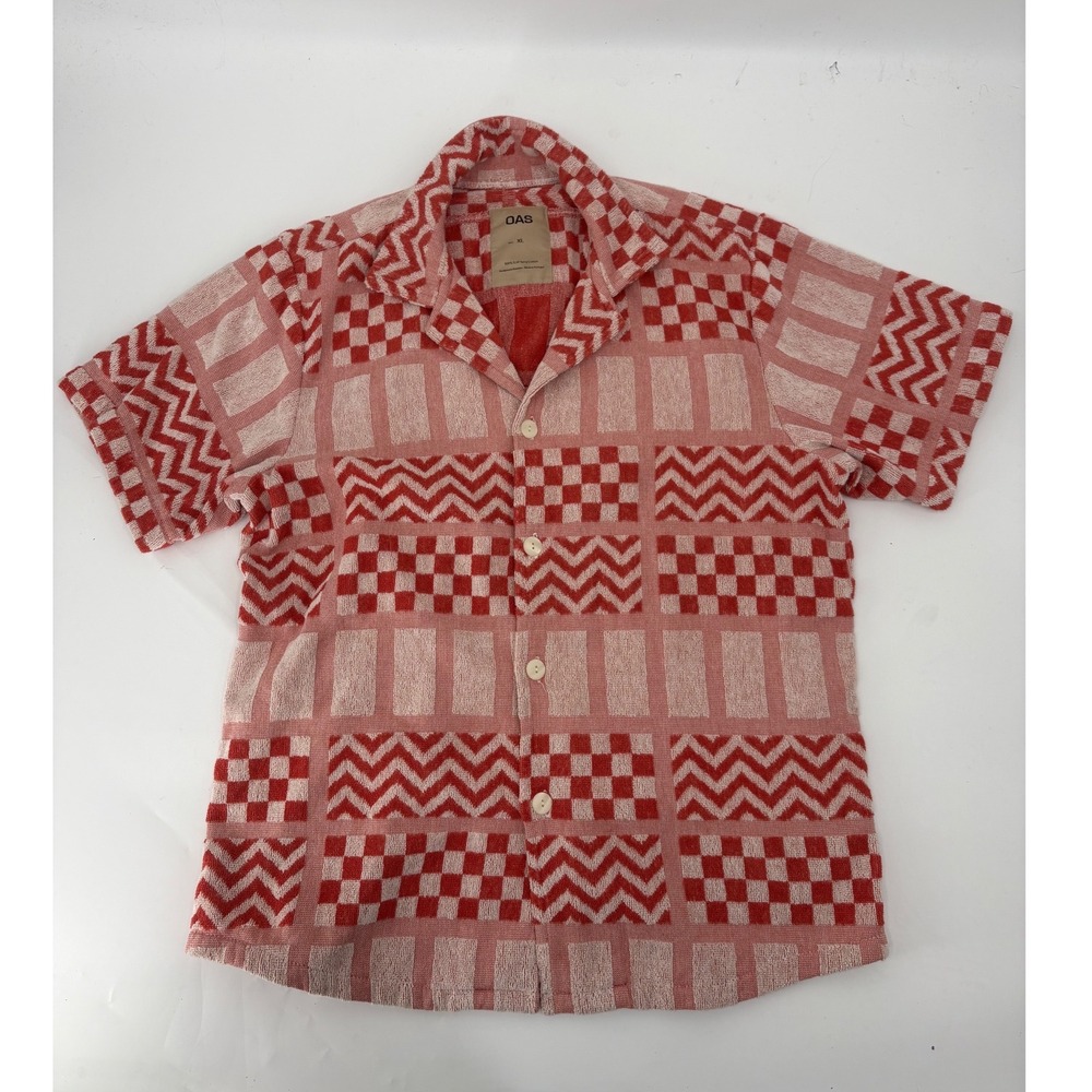 OAS Red White Terry Cloth Geometric Patchwork Camp Shirt Mens XL Short Sleeve